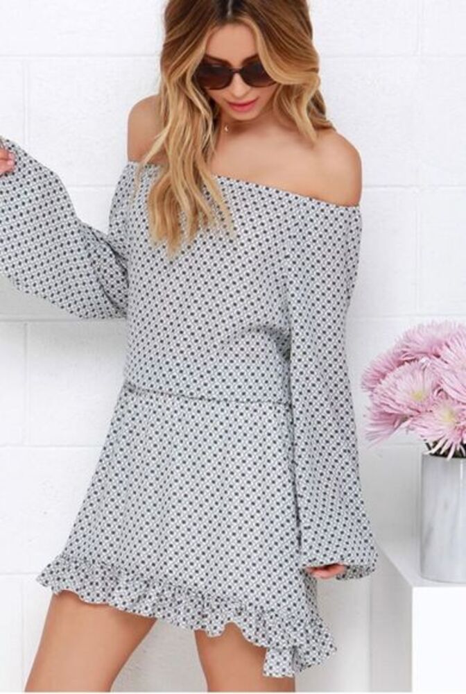 Lulus Women's M Black Bow Print Off Shoulder Knee Length Party Dress